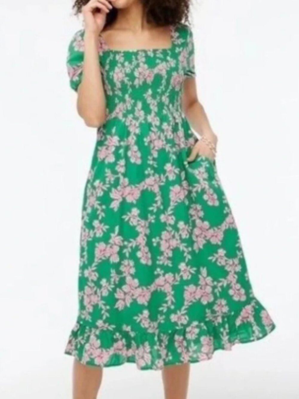 J. Crew Foral Puff Sleeve Smocked Midi Dress